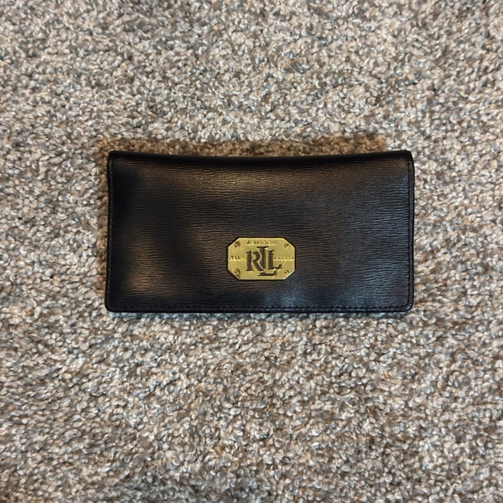 Lauren Ralph Lauren Black Leather Slim Bifold Wallet Gold Logo Nameplate